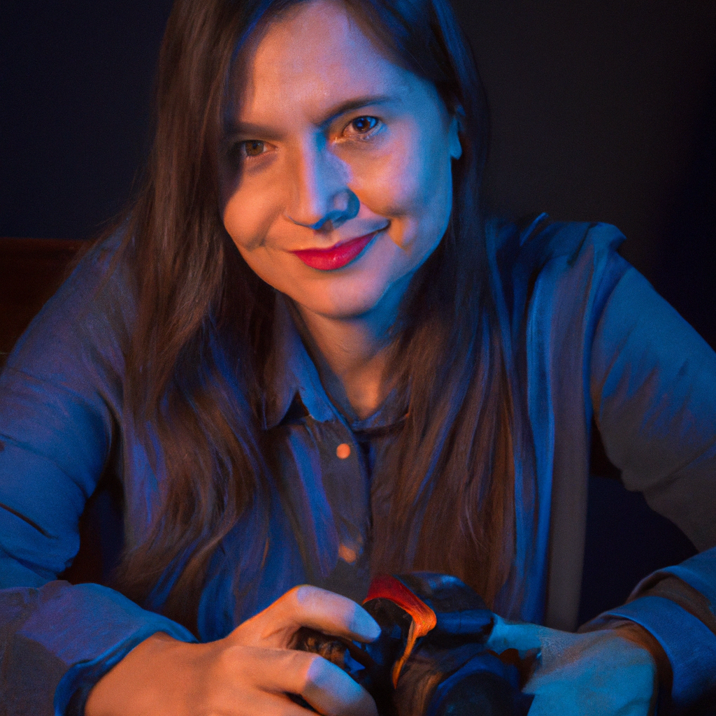 Retrato de Ana, Directora creativa, con cámara en mano y luz suave en estudio